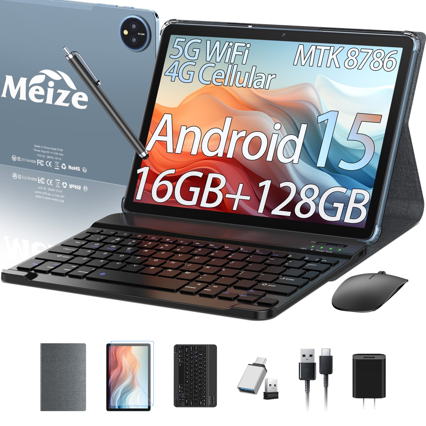 11inch Android 15 Tablet,128GB ROM 16GB RAM,Android Tablet,5G WiFi+4G Cellular,MTK8786 2.0Ghz Octa-Core Tableta,21MP Dual Camera,GPS,BT5.0,8000mAh,Tablet with Keyboard,4G LTE Tablet for T-Mobile