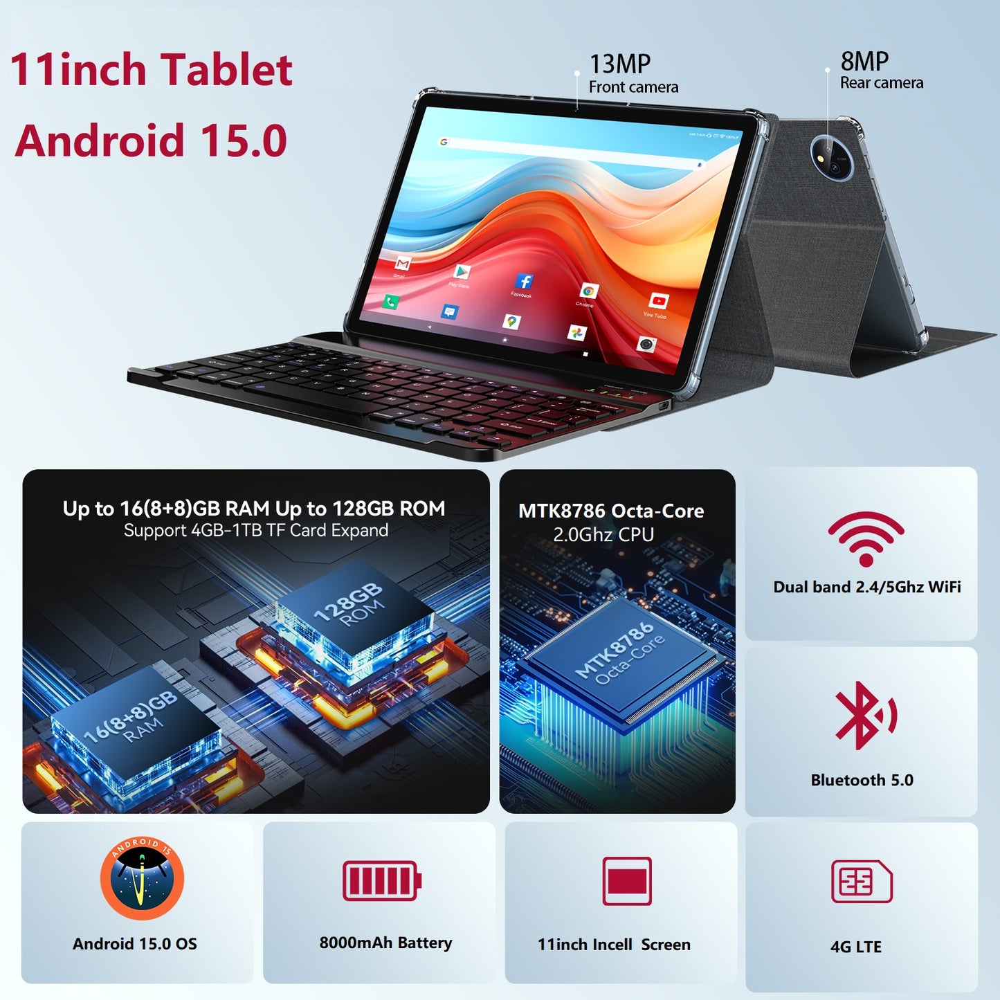 11inch Android 15 Tablet,128GB ROM 16GB RAM,Android Tablet,5G WiFi+4G Cellular,MTK8786 2.0Ghz Octa-Core Tableta,21MP Dual Camera,GPS,BT5.0,8000mAh,Tablet with Keyboard,4G LTE Tablet for T-Mobile