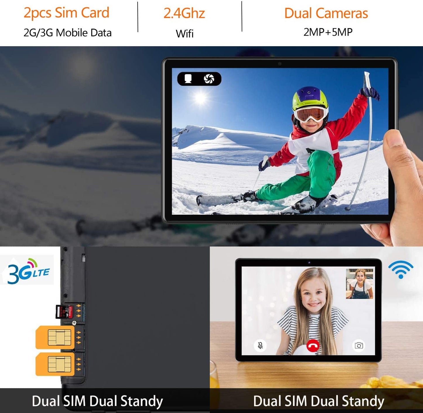 Tablet 10.1 Inch, Android 9.0 Pie Tablet PC with 32GB ROM/128GB Expand,Quad Core Processor,Dual Sim Card Slot,WiFi, Bluetooth, GPS,  HD Touchscreen, Support 3G Phone Call